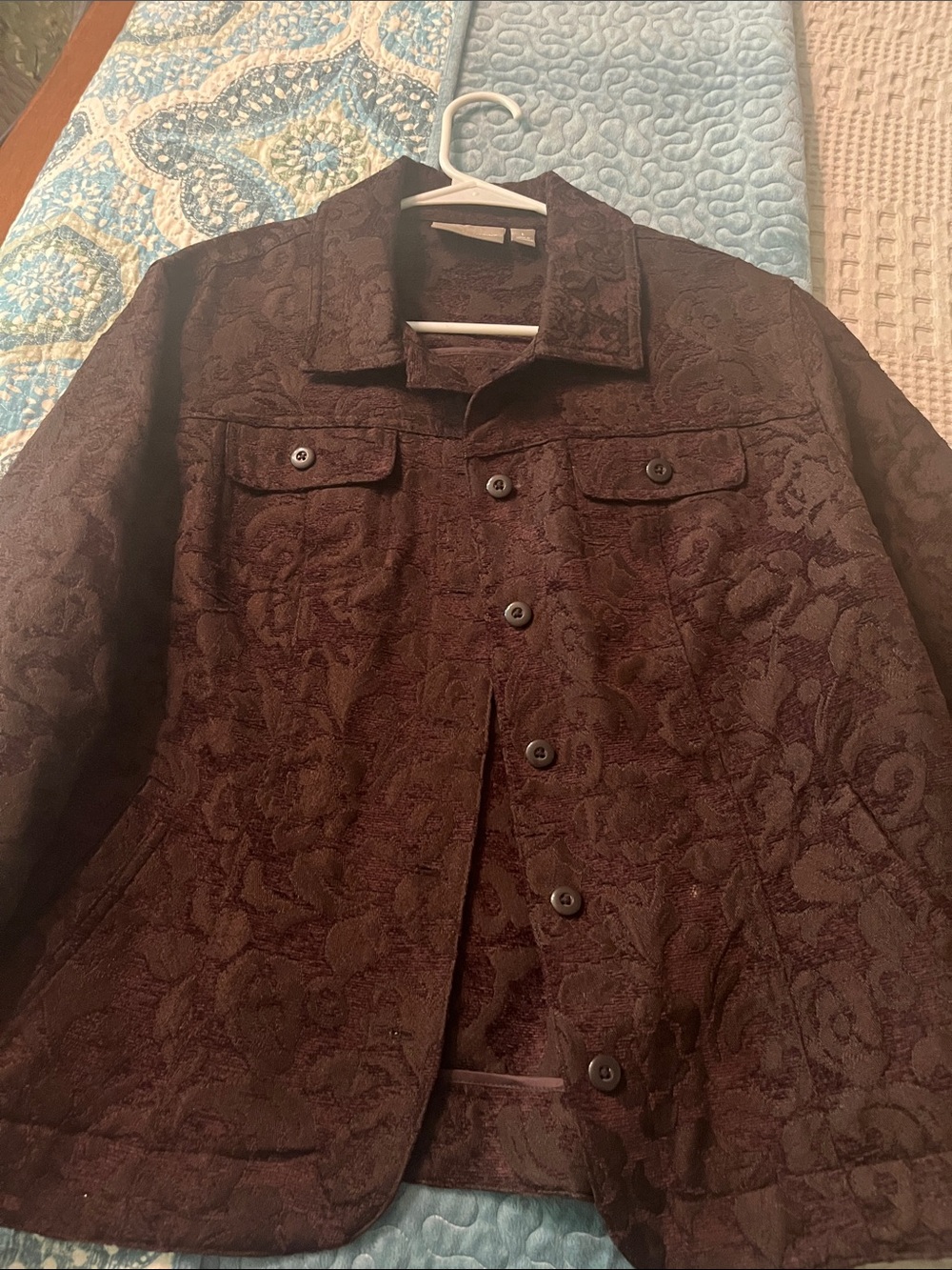 croft & barrow Dark Brown Textured Floral Button Jacket